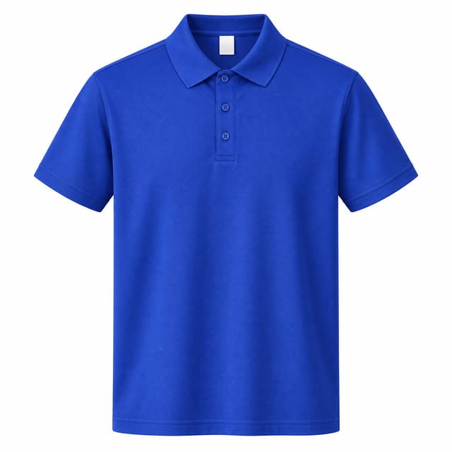 Reference illustration of a royal blue short-sleeve polo shirt with a plain collar and three-button placket.