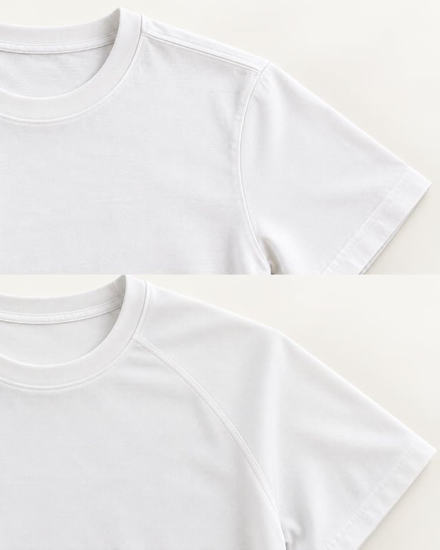 Set-in and raglan T-shirt shoulder seams Reference illustration: Two white T-shirt shoulder details, with a set-in sleeve above and a diagonal raglan seam below.