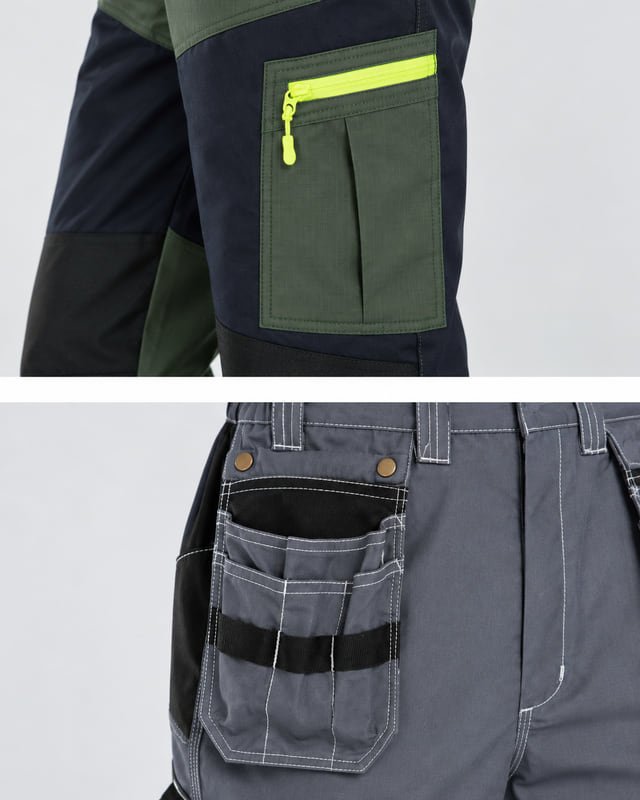 Two reference close-ups comparing an olive zipped thigh pocket with a grey hanging tool pocket.