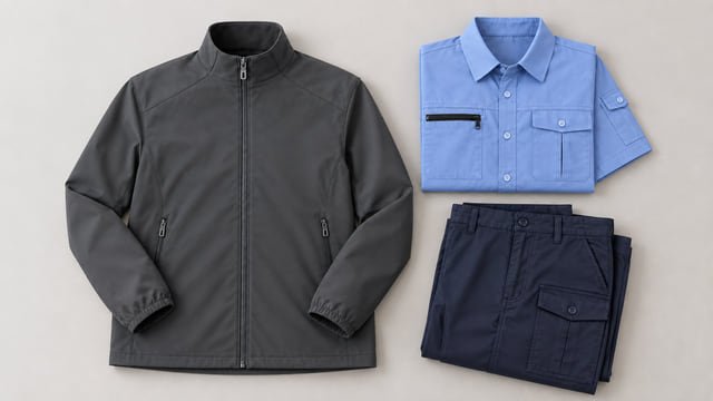 Reference illustration of a dark grey zip jacket, folded light blue work shirt and navy cargo trousers on a pale surface.