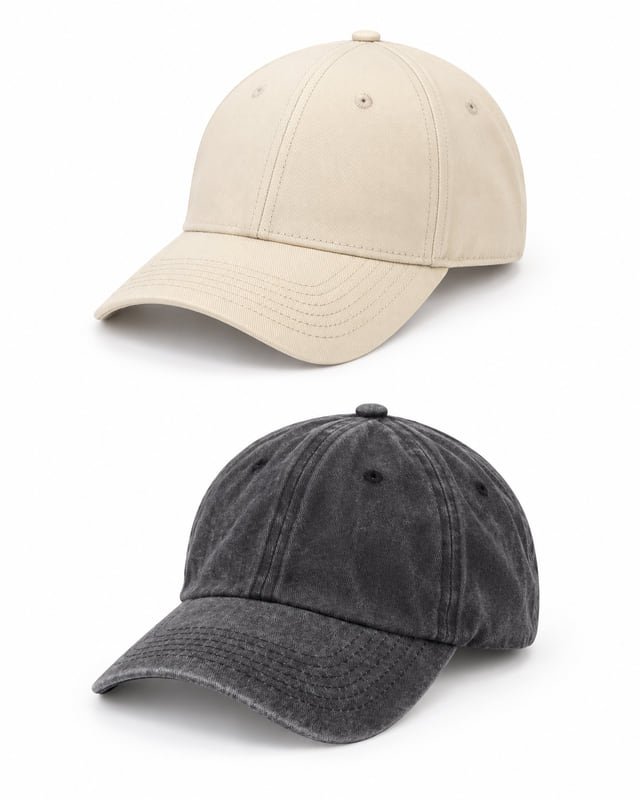 Supported and soft cap crowns Reference illustration: A beige cap with a supported crown above a dark washed cap with a softer crown, both with curved brims.