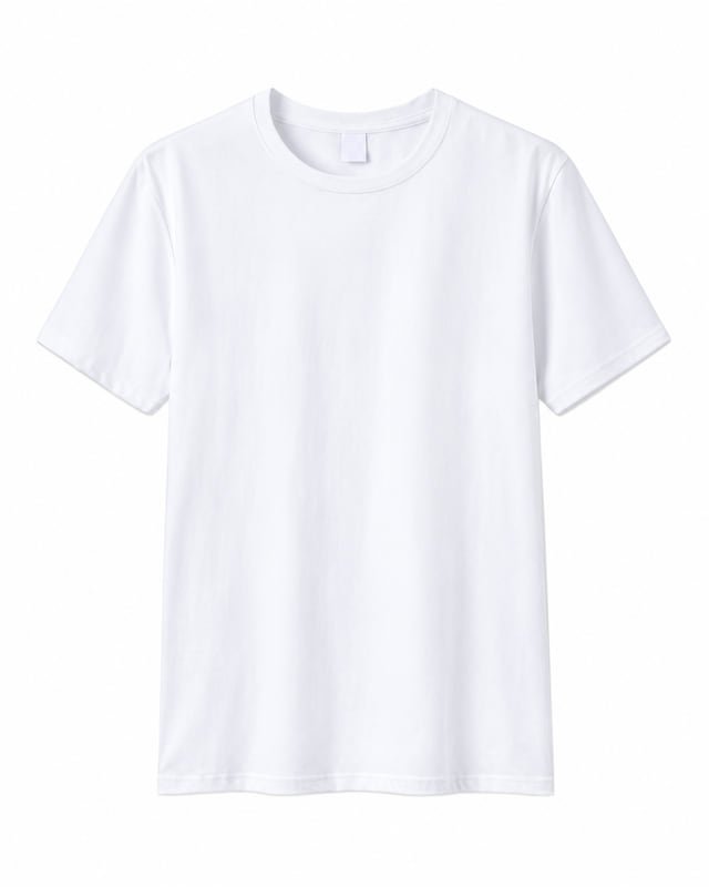 Reference illustration: Front view of a white crew-neck T-shirt with short set-in sleeves and a straight lower hem.