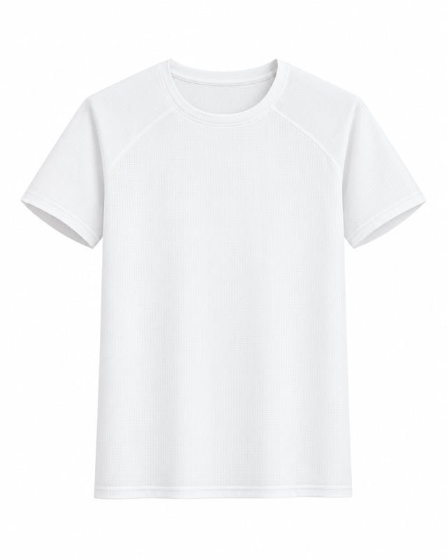 Reference illustration: Front view of a white short-sleeve T-shirt with diagonal raglan shoulder seams and a round neckline.