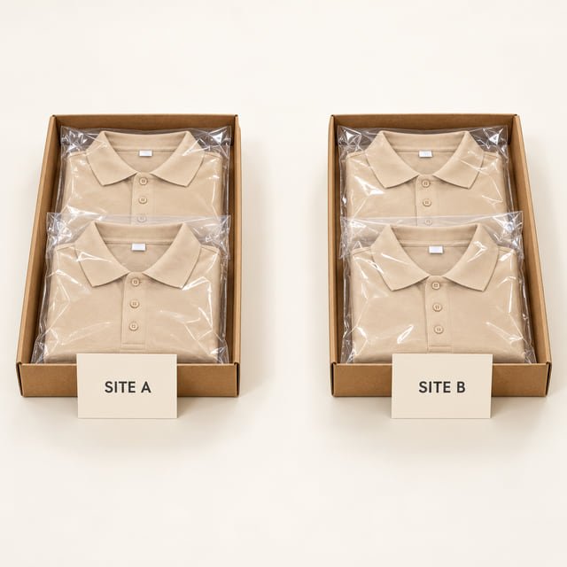 Uniform packing grouped by location Reference illustration of bagged khaki polos in two open cartons with separate Site A and Site B cards.