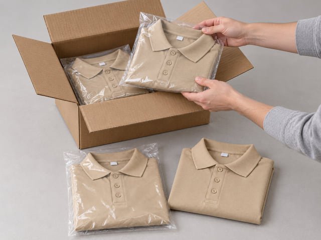 Unpacking individually bagged polo shirts Reference illustration of hands lifting a bagged khaki polo from an open carton, with folded polos on the table.