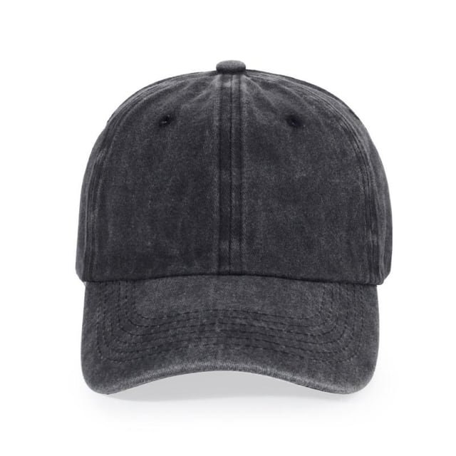 Washed black baseball cap with a soft crown, curved brim and faded seam edges.