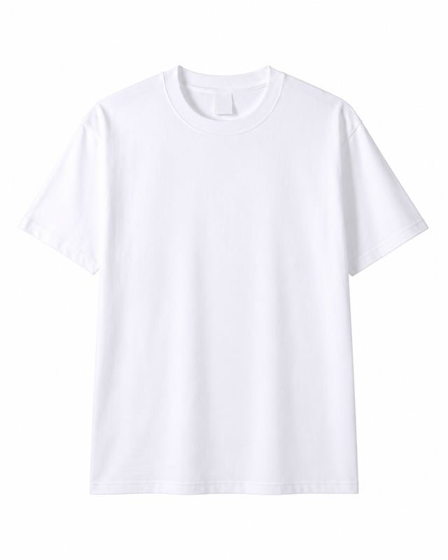 Reference illustration of a white short-sleeve crew-neck T-shirt with set-in sleeves and a plain front.