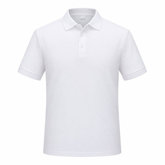 Reference illustration of a white short-sleeve polo shirt with a plain collar, matching buttons and plain sleeve cuffs.