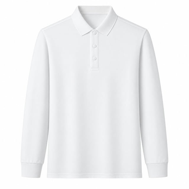 Reference illustration of a white long-sleeve polo shirt with a short covered-snap opening and ribbed cuffs.