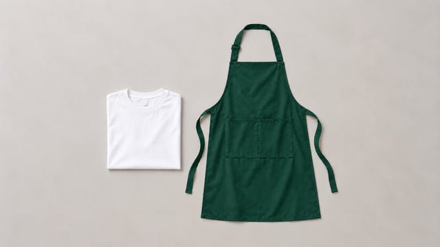 Reference illustration of a folded white T-shirt beside a dark green bib apron with a neck loop, waist ties and front pocket.