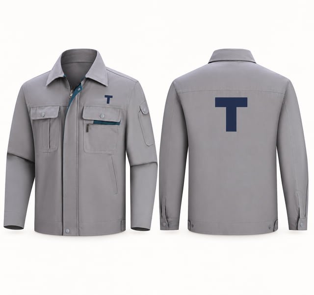 Work jacket chest and back logo concept Reference illustration of a grey work jacket shown front and back, with a small T on the chest and a larger T on the back.