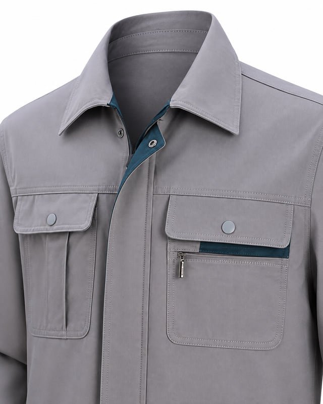 Work jacket collar and pocket reference Reference illustration of a grey jacket collar, chest flap pockets and a zip pocket with teal trim.