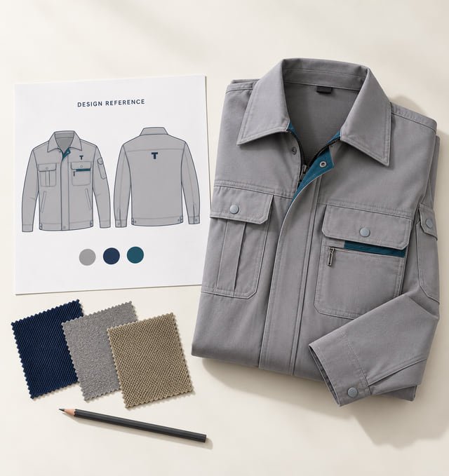 Work jacket design and fabric references Reference illustration of a grey work jacket beside a front-and-back design drawing, fabric swatches and a pencil.