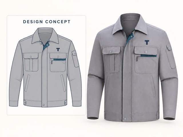 Work jacket drawing and rendered design concept Reference illustration of a grey jacket drawing beside a matching garment rendering with a T mark on the chest.