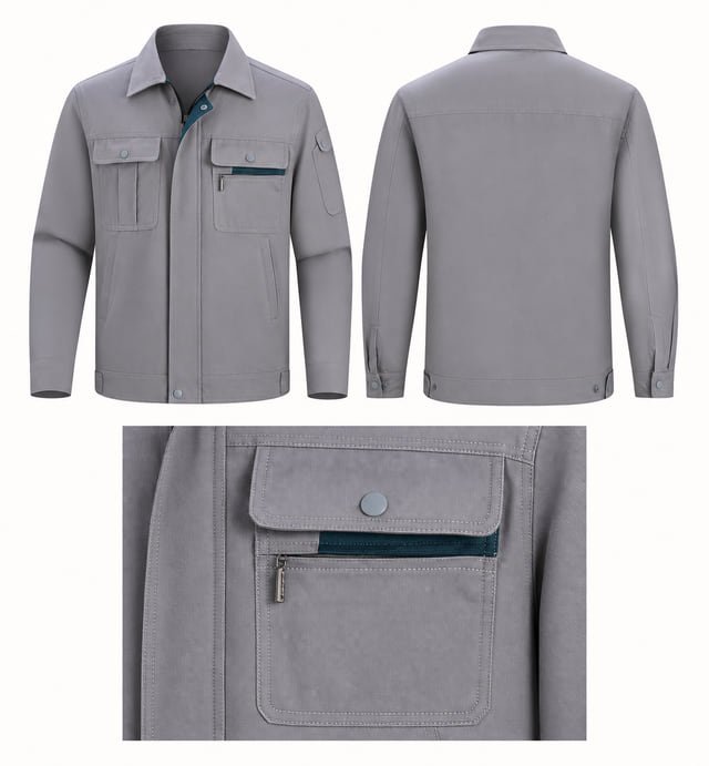 Work jacket front back and pocket reference Reference illustration showing the front and back of a grey work jacket above a close-up of its flap and zip chest pocket.