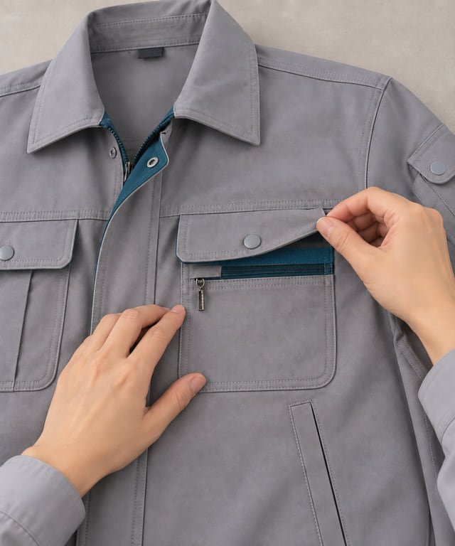 Work jacket pocket review illustration Hands lifting a grey work jacket pocket flap to show the zipper and stitching beneath it.