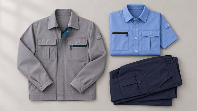 Reference illustration of a grey work jacket beside a folded light blue shirt and navy cargo trousers.