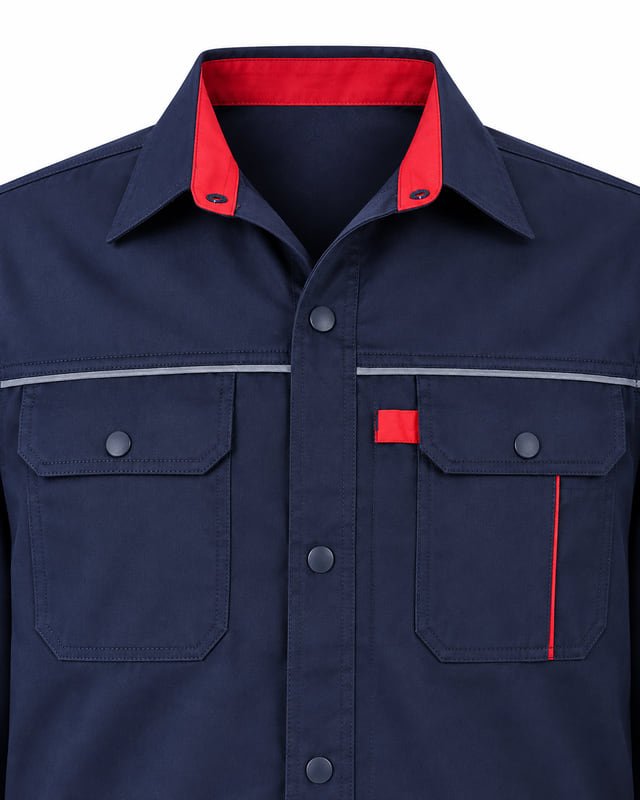 Work shirt chest-pocket reference Reference illustration of two flap chest pockets, dark buttons and red trim on a navy work shirt.