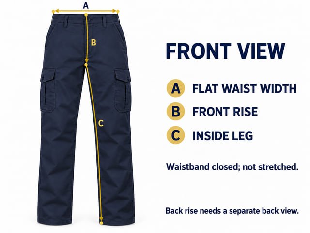 Work trousers front measurement points Reference diagram of navy cargo trousers marking flat waist width, front rise and inside leg, with the waistband closed and not stretched.