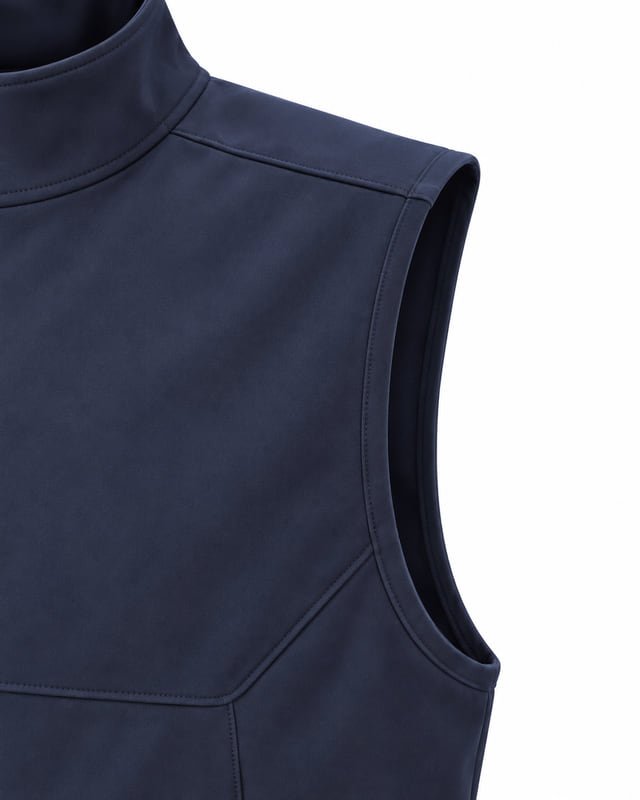 Reference illustration of the outer armhole edge and adjoining shoulder and body panels on a navy vest.