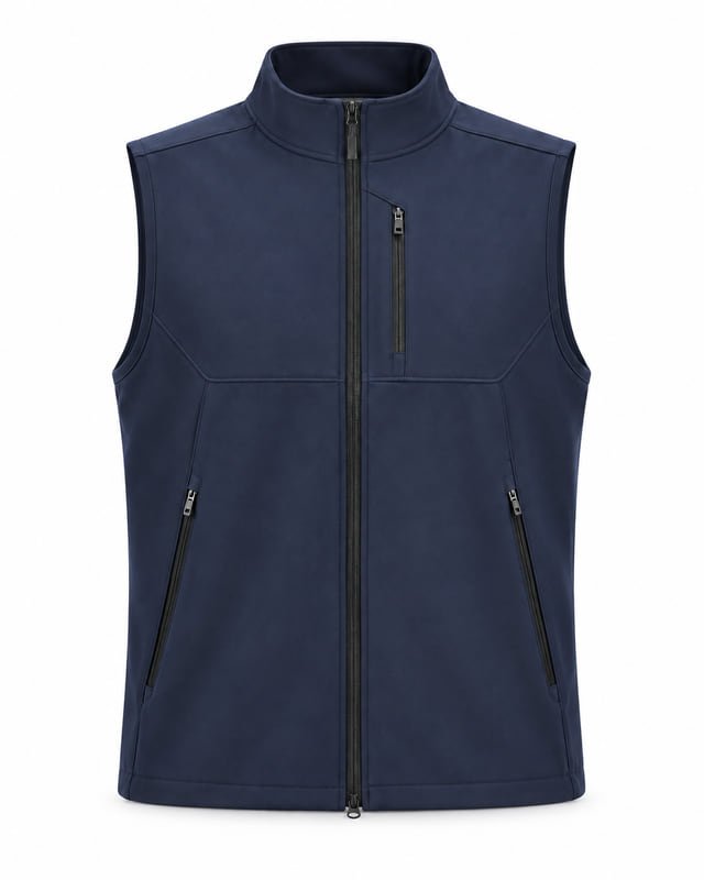 Reference illustration of a navy vest showing one vertical chest zip pocket and two slanted lower zip pockets.