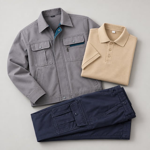 Workwear assortment reference Grey work jacket, folded khaki polo shirt and navy cargo trousers arranged on a pale surface.