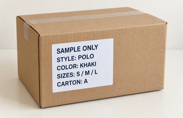 Workwear carton identification example Reference illustration of a closed carton with a SAMPLE ONLY label listing polo, khaki, sizes S M L and carton A.