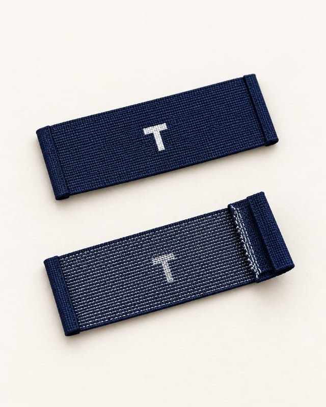 Woven T label face and reverse Reference illustration of a navy woven T label shown from the face and reverse, including its folded ends.