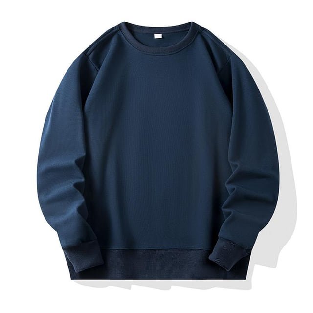 Front view of a navy crew-neck sweatshirt with long sleeves and ribbed neck, cuffs and hem.