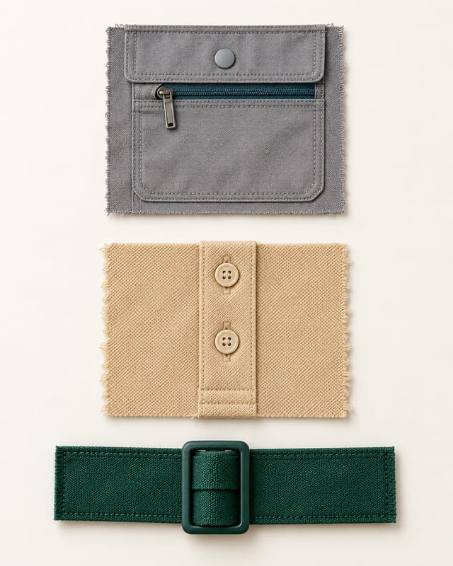 Zipped pocket buttons and strap adjuster examples Reference illustration showing a grey zipped pocket with snap flap, a khaki two-button placket and a green strap with a rectangular adjuster.